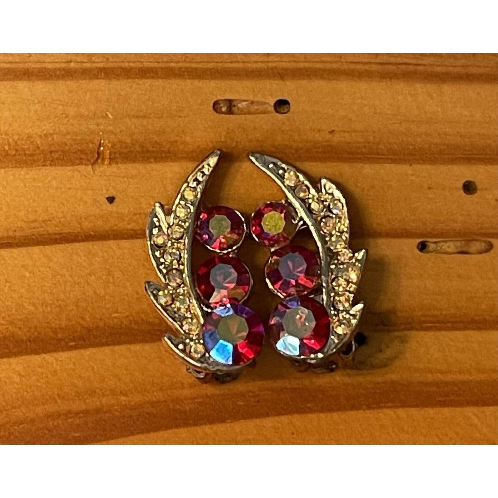 Vintage Magenta Pink Red AB Borealis Rhinestone Climber Huggy Clip Earrings
